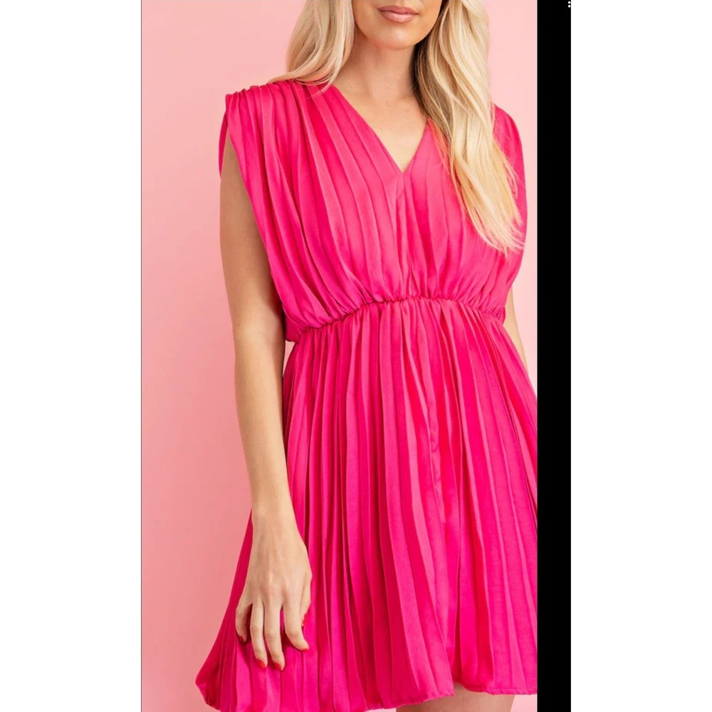 Glam Hot Pink Pleated V-Neck Mini Dress Sleeveless Elastic Waist Size M NWT(39)
